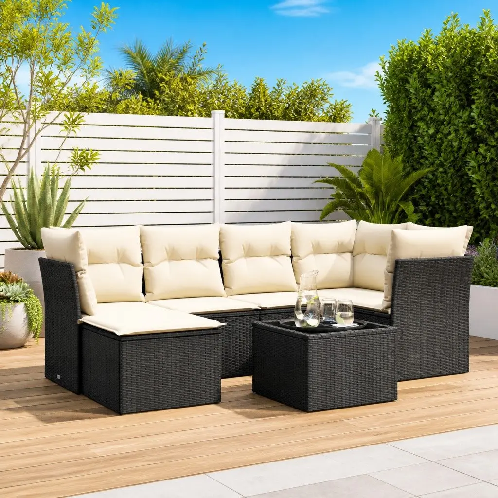 Garden Sofa Set 7 Piece Outdoor Furniture Black Poly Rattan with Cushions