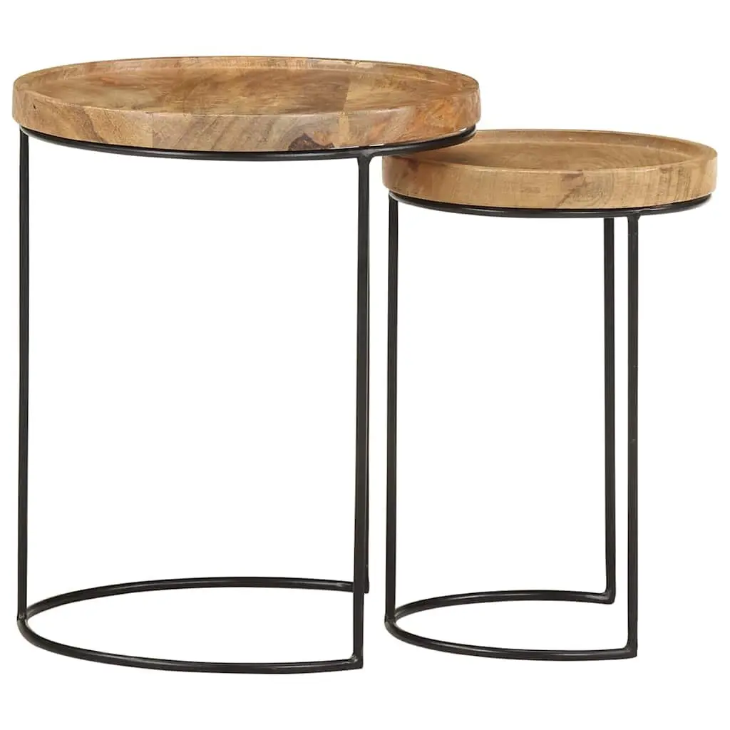 Coffee Table Set Vintage Style 2 Piece Solid Mango Wood Steel Frame Brown
