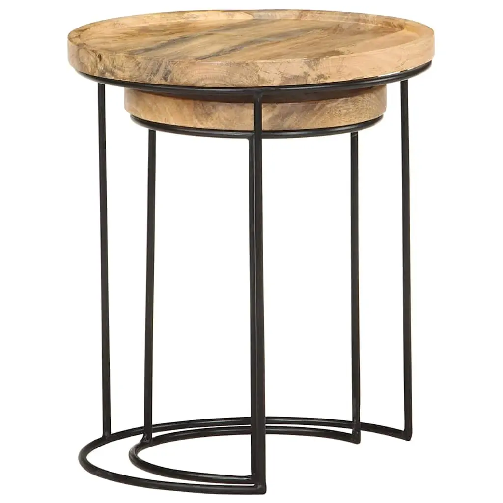 Coffee Table Set Vintage Style 2 Piece Solid Mango Wood Steel Frame Brown