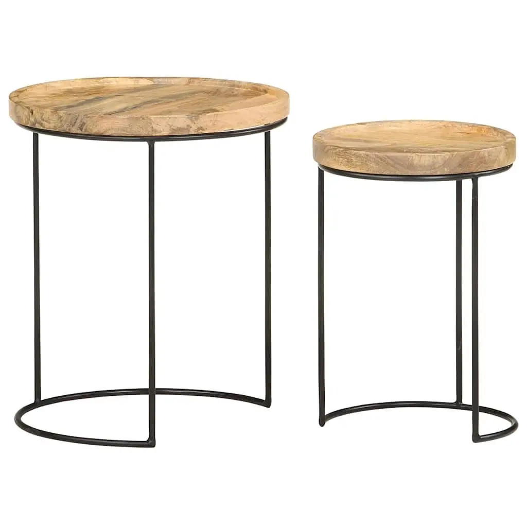 Coffee Table Set Vintage Style 2 Piece Solid Mango Wood Steel Frame Brown