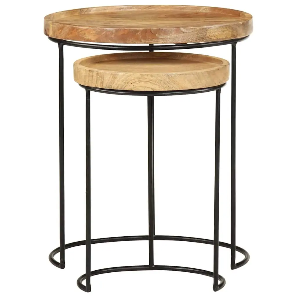 Coffee Table Set Vintage Style 2 Piece Solid Mango Wood Steel Frame Brown