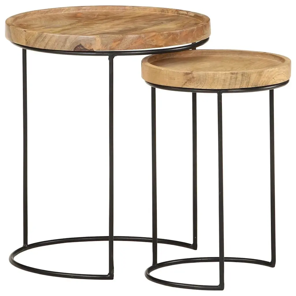 Coffee Table Set Vintage Style 2 Piece Solid Mango Wood Steel Frame Brown