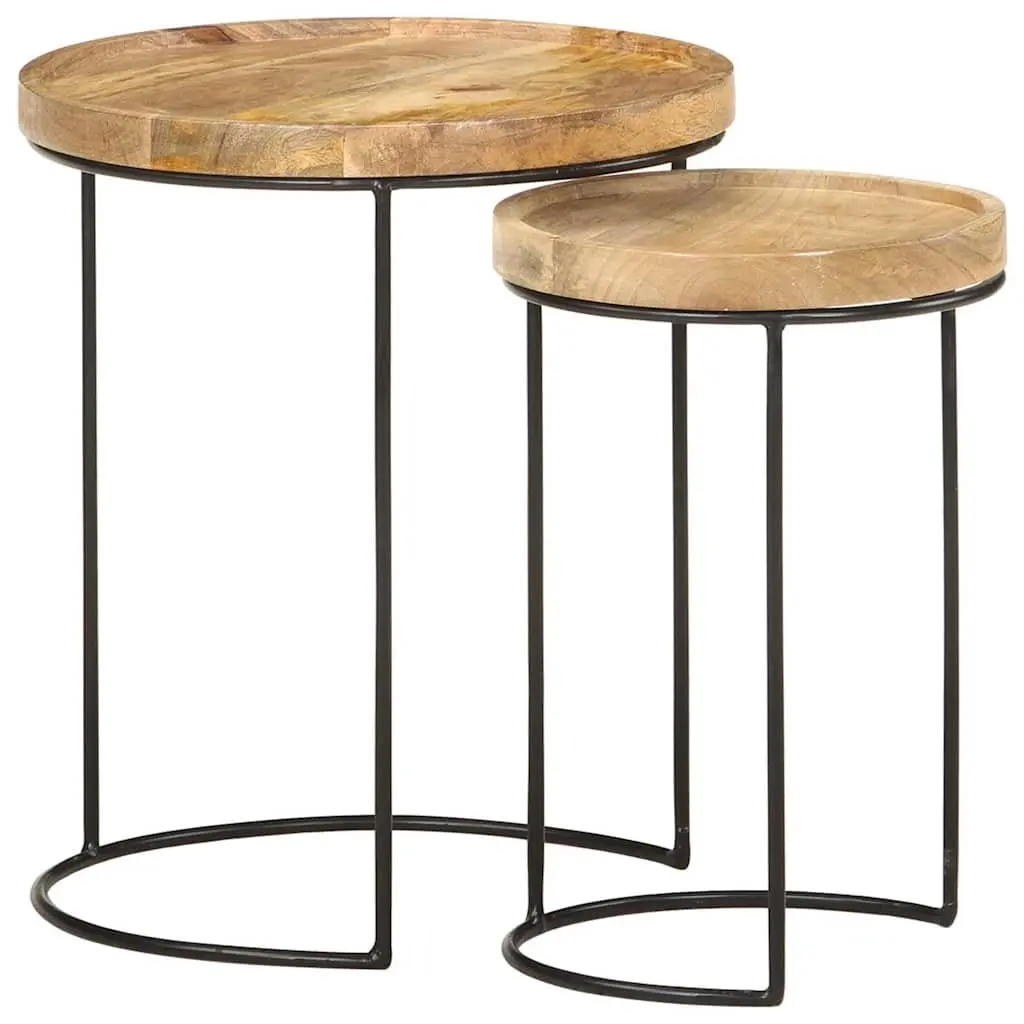 Coffee Table Set Vintage Style 2 Piece Solid Mango Wood Steel Frame Brown