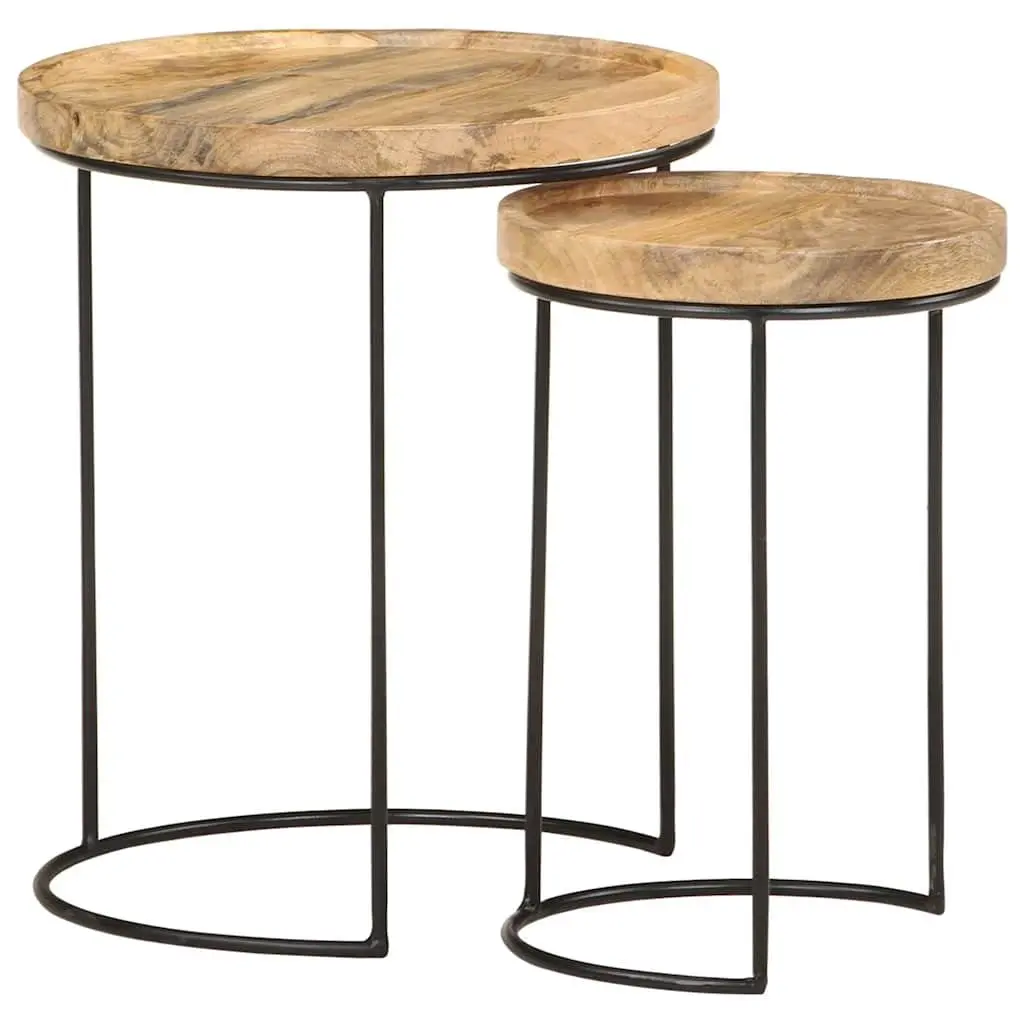 Coffee Table Set Vintage Style 2 Piece Solid Mango Wood Steel Frame Brown
