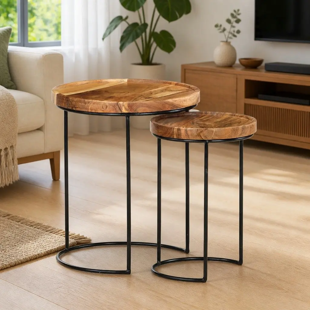 2 Piece Coffee Table Set Solid Acacia Wood Steel Frame Brown