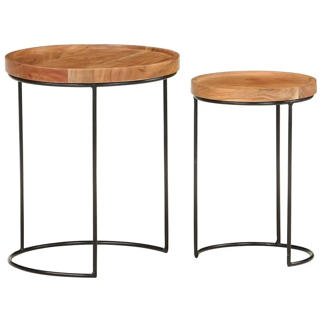 2 Piece Coffee Table Set Solid Acacia Wood Steel Frame Brown