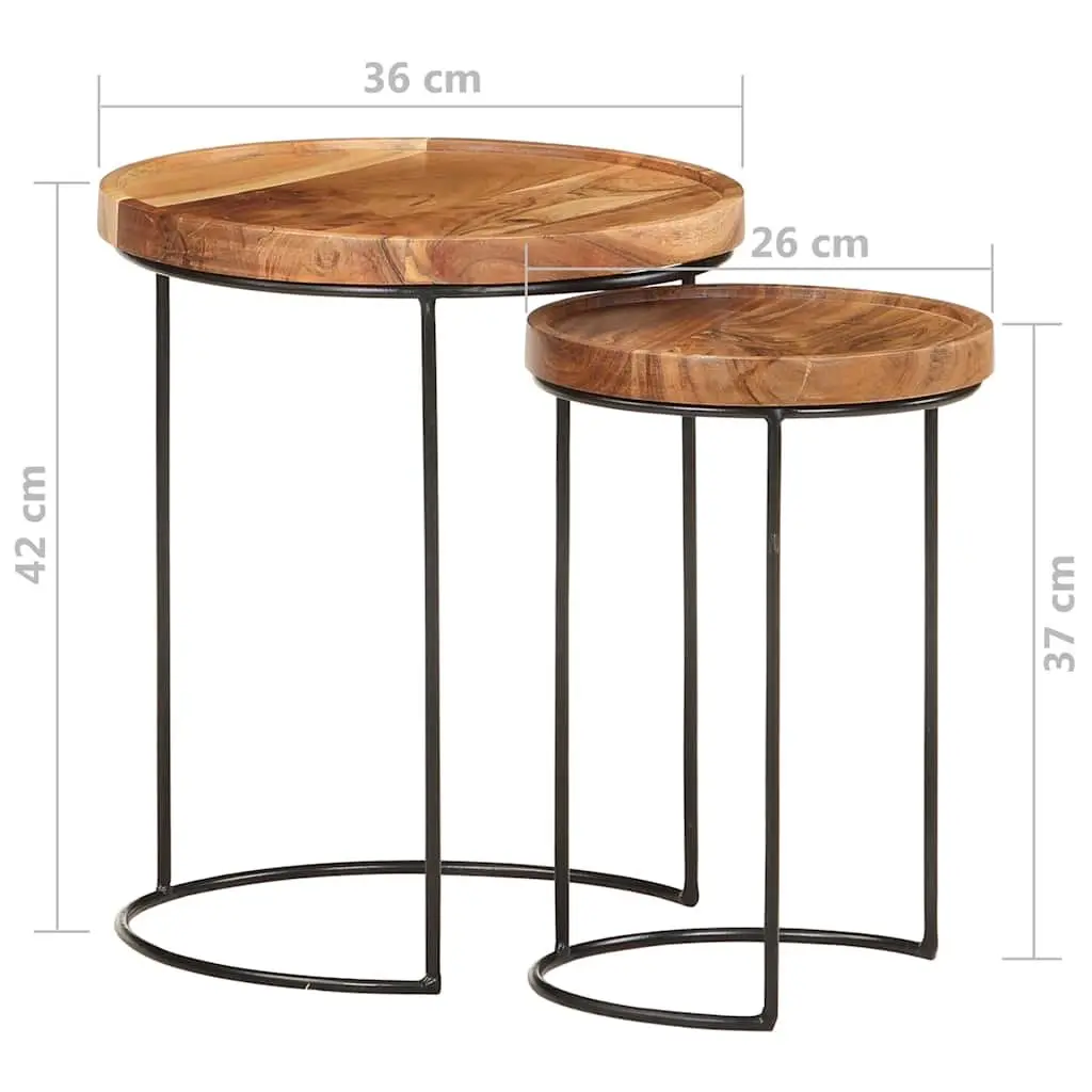 2 Piece Coffee Table Set Solid Acacia Wood Steel Frame Brown