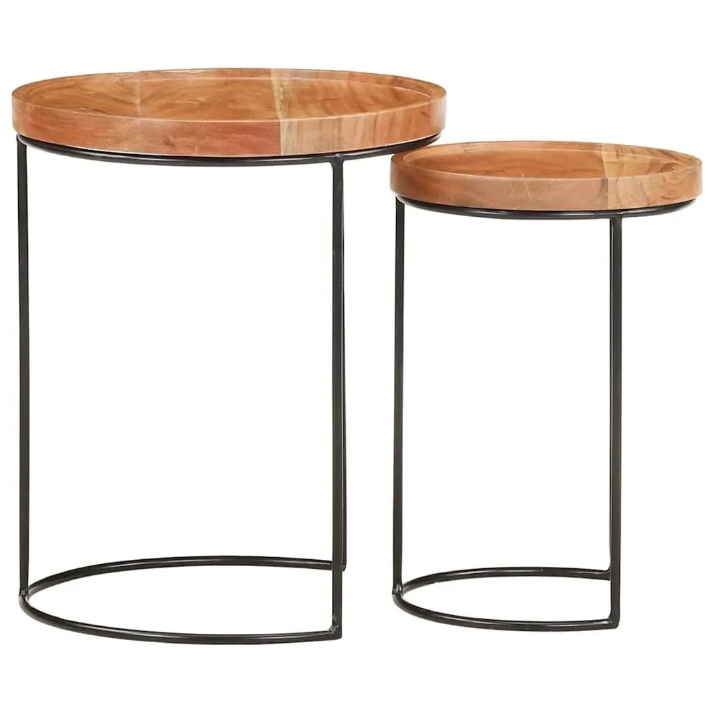 2 Piece Coffee Table Set Solid Acacia Wood Steel Frame Brown