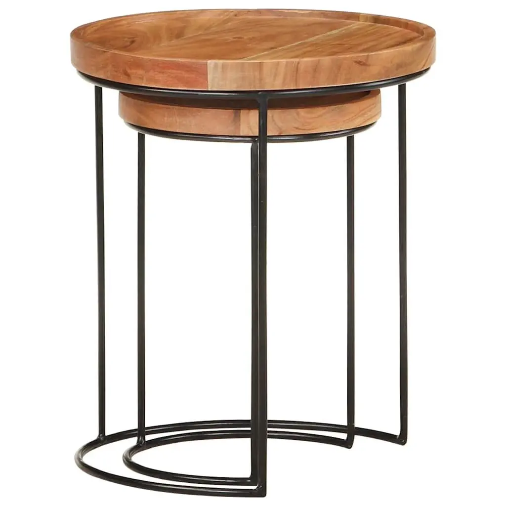 2 Piece Coffee Table Set Solid Acacia Wood Steel Frame Brown