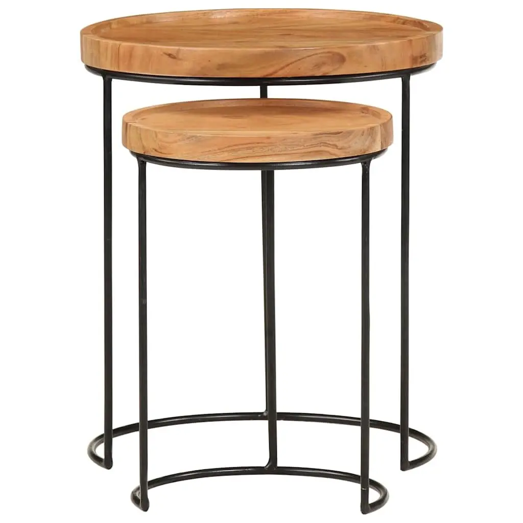2 Piece Coffee Table Set Solid Acacia Wood Steel Frame Brown