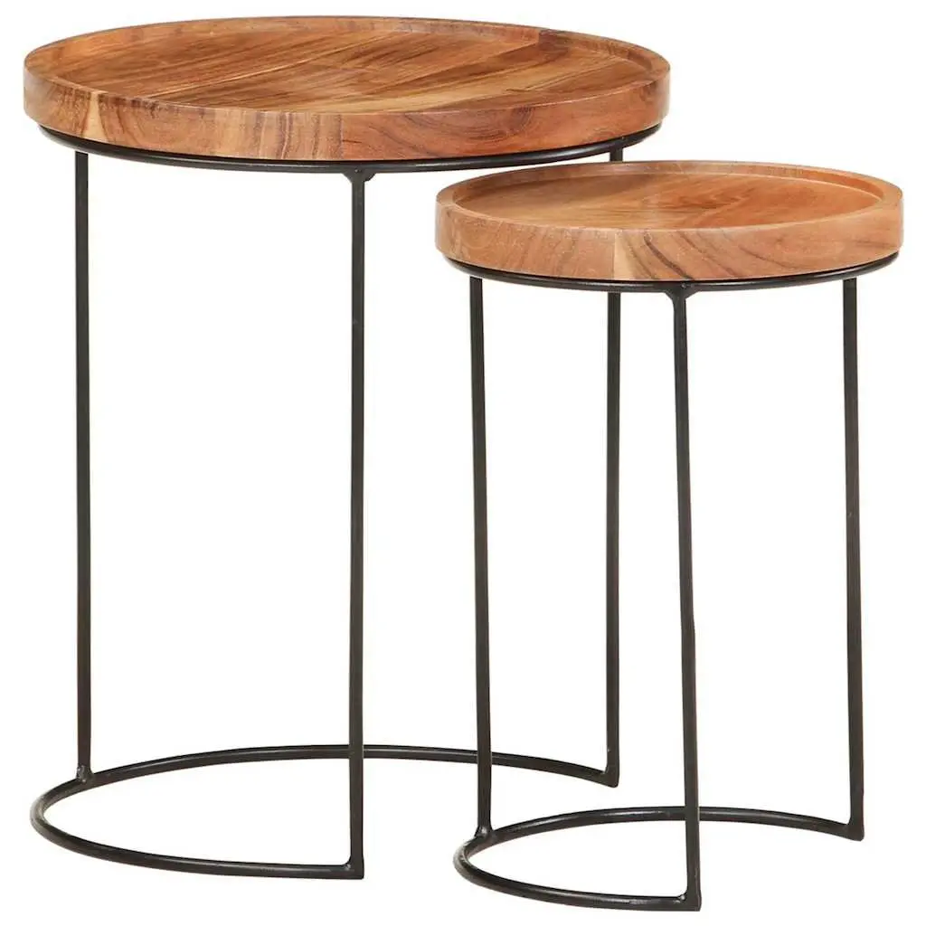 2 Piece Coffee Table Set Solid Acacia Wood Steel Frame Brown