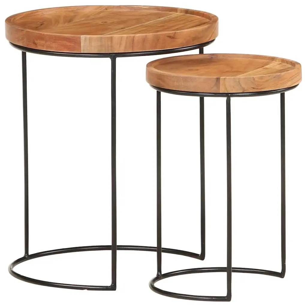 2 Piece Coffee Table Set Solid Acacia Wood Steel Frame Brown