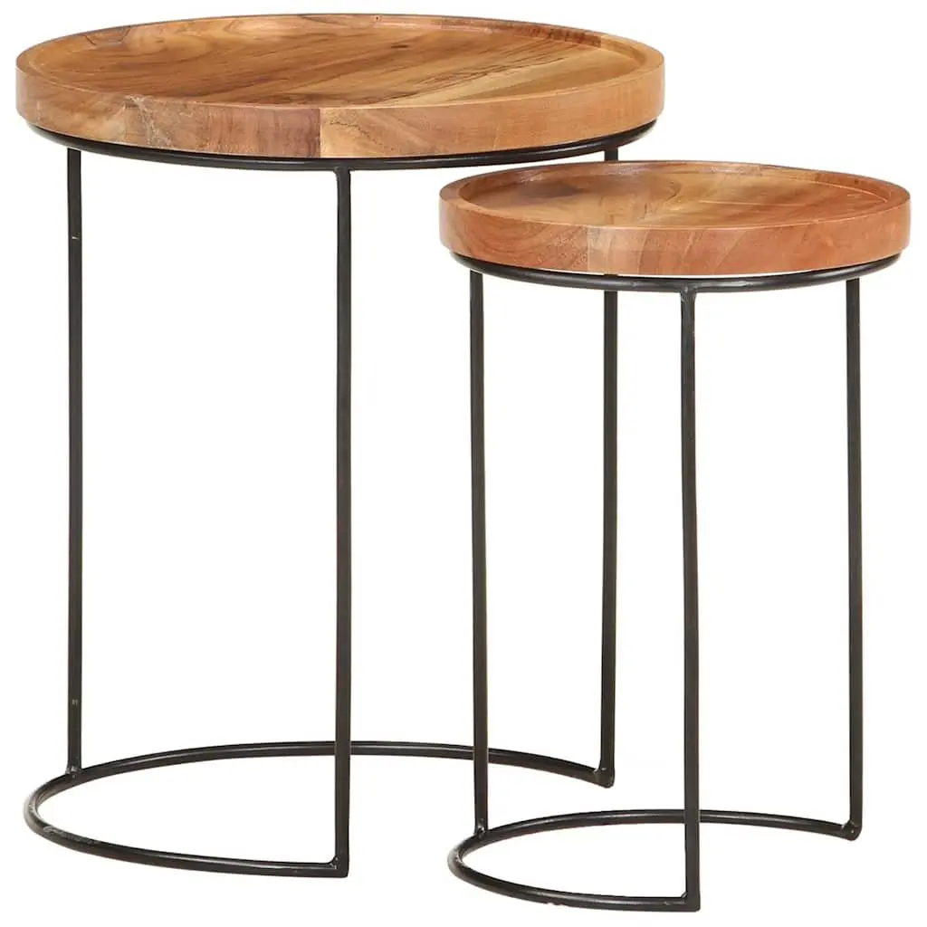 2 Piece Coffee Table Set Solid Acacia Wood Steel Frame Brown
