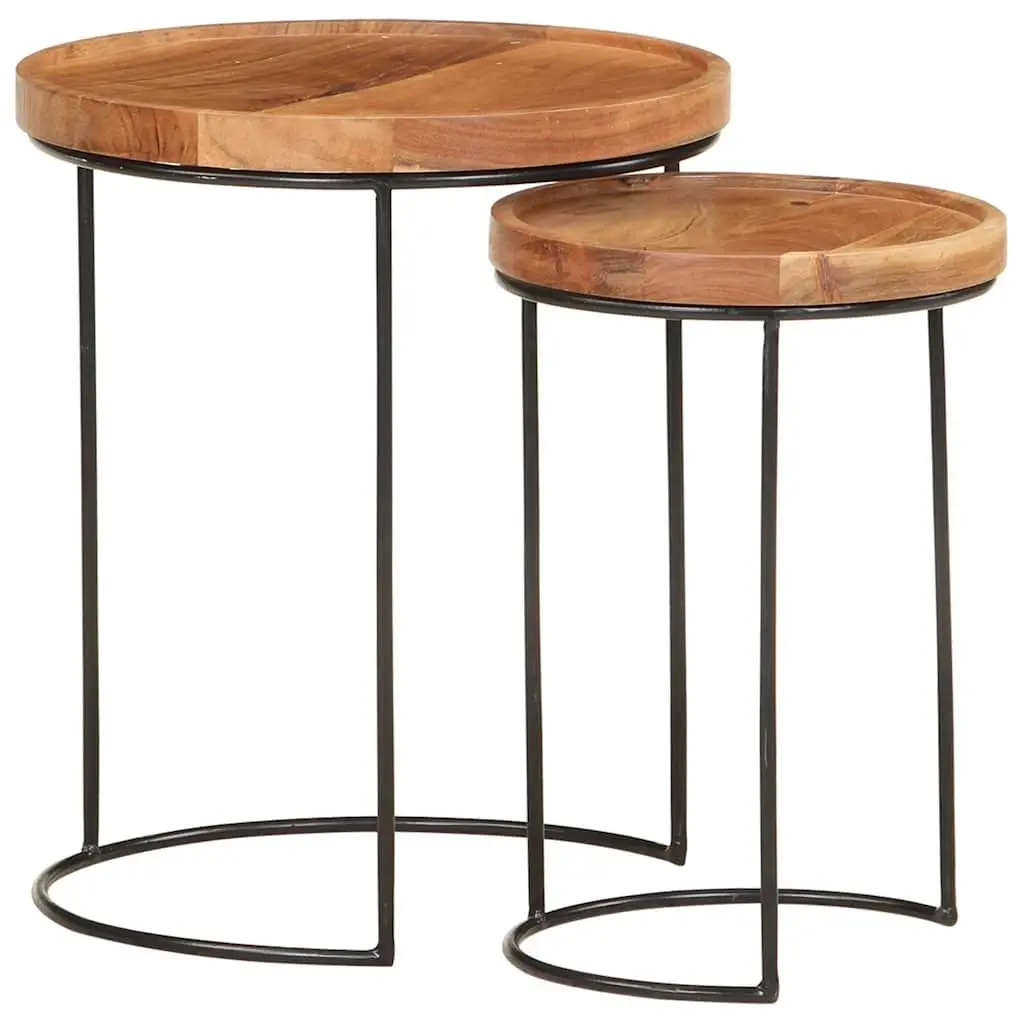 2 Piece Coffee Table Set Solid Acacia Wood Steel Frame Brown