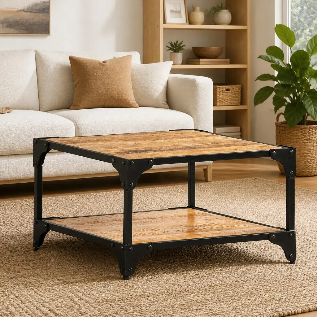 Coffee Table Storage Shelf 60x60x35 cm Solid Mango Wood Brown