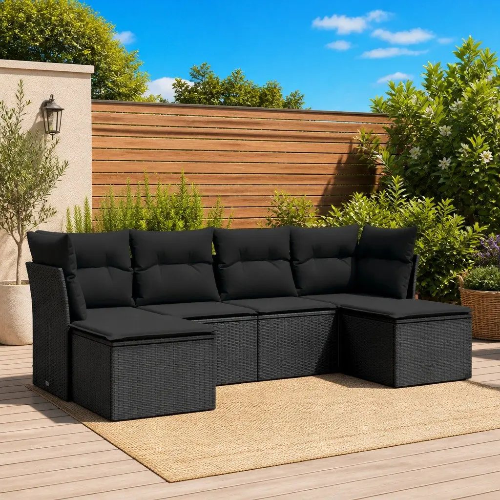 Garden Sofa Set Outdoor Furniture 6 Piece Modular Black Poly Rattan with Cushions