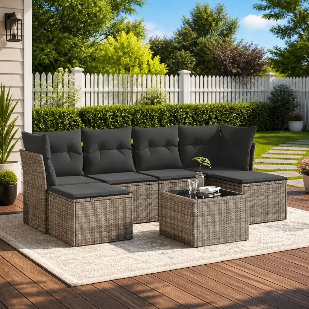 Garden Sofa Set Outdoor Furniture 7 Piece Grey Poly Rattan with Cushions