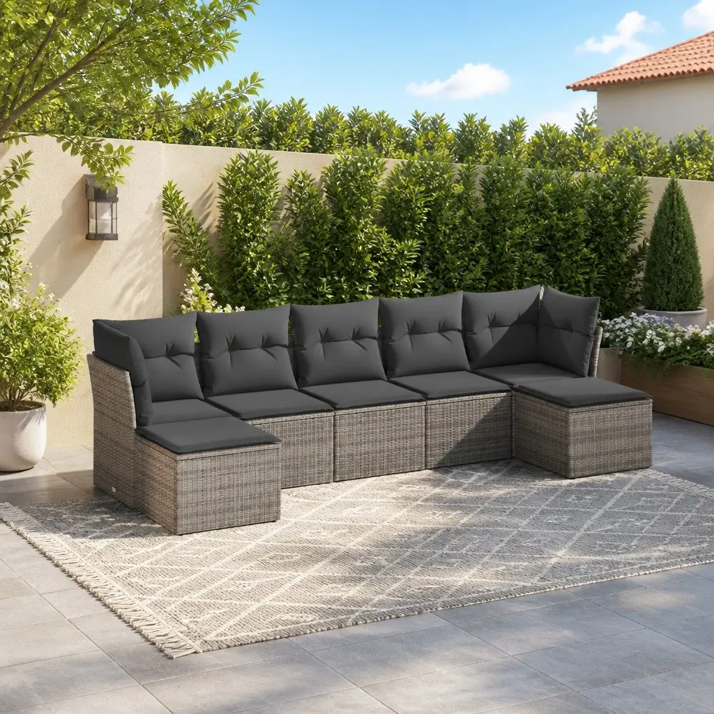 7 Piece Garden Sofa Set Outdoor Furniture Cushions Grey Poly Rattan