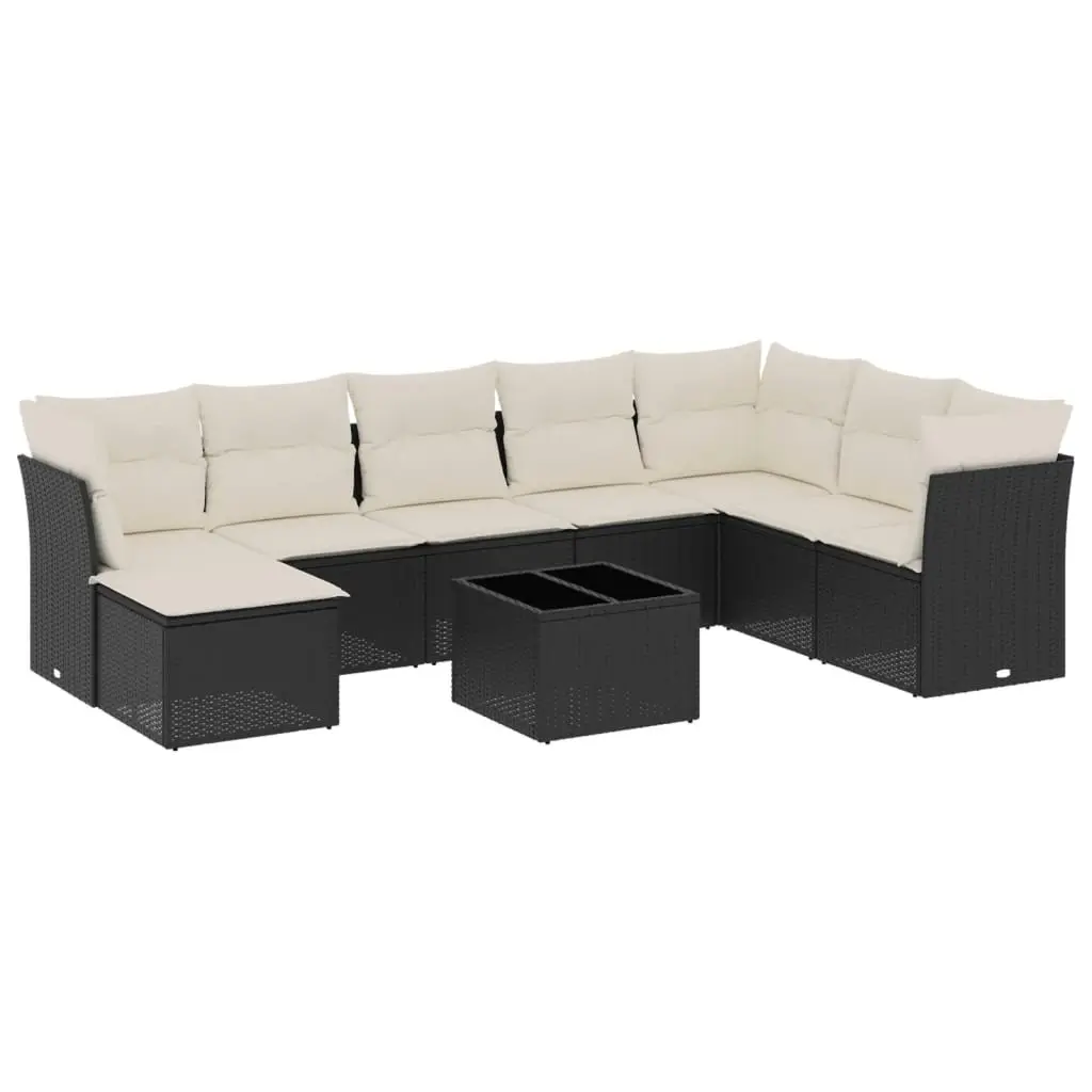 Outdoor Patio Furniture Set 9 Piece Modular Black Poly Rattan Sofa with Cushions and Tempered Glass Tabletop