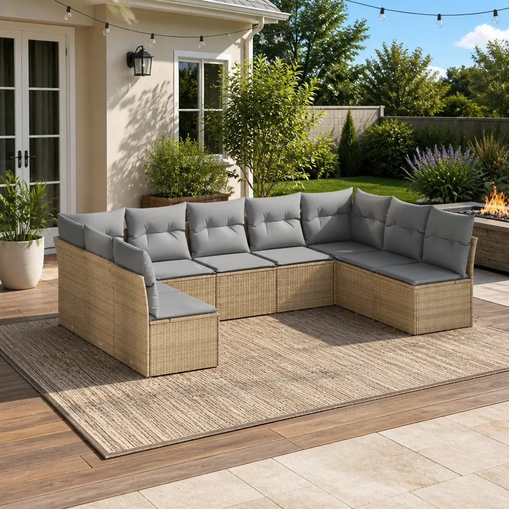 9 Piece Garden Sofa Set Modular Outdoor Furniture Beige Poly Rattan