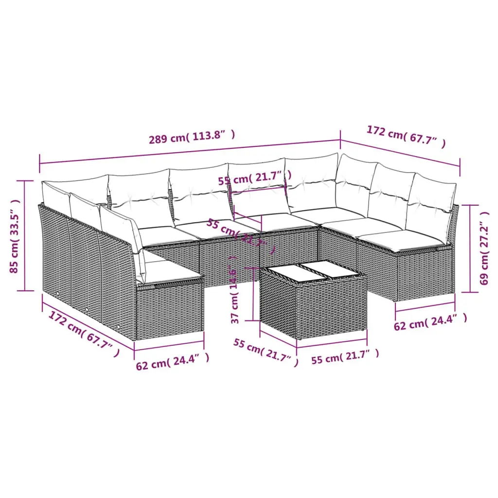 Garden Sofa Set 10 Piece Outdoor Furniture Grey Poly Rattan Patio