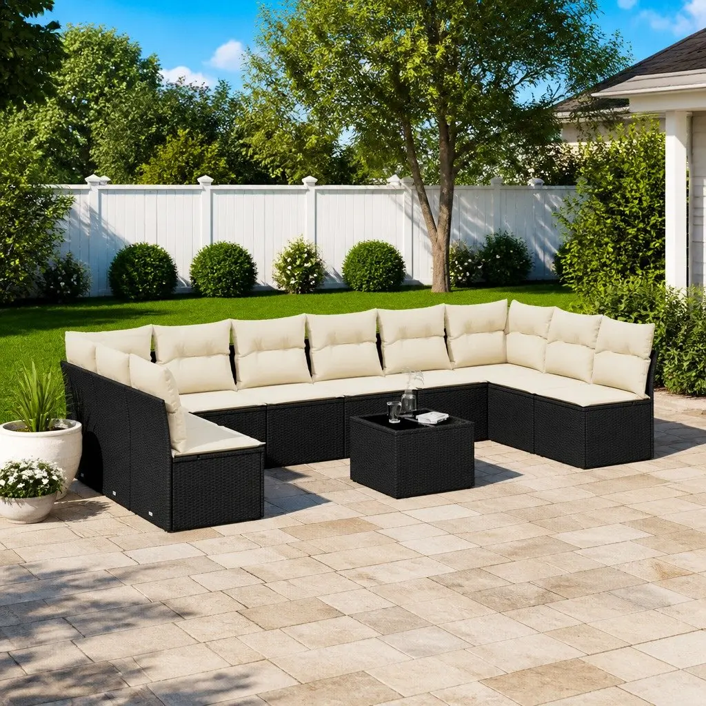 Garden Sofa Set 11 Piece Outdoor Furniture Black Poly Rattan Cushions