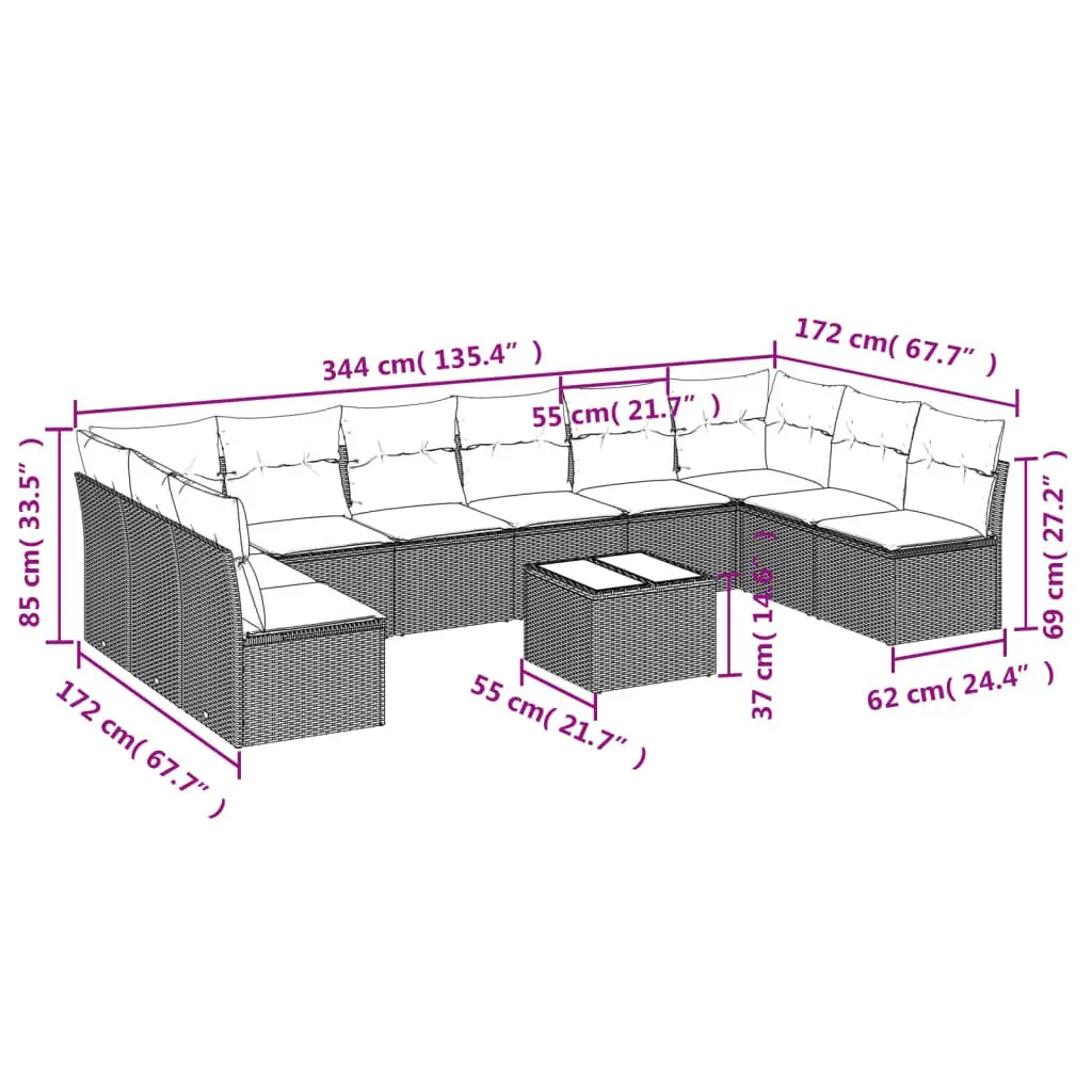 Garden Sofa Set 11 Piece Outdoor Furniture Black Poly Rattan Cushions