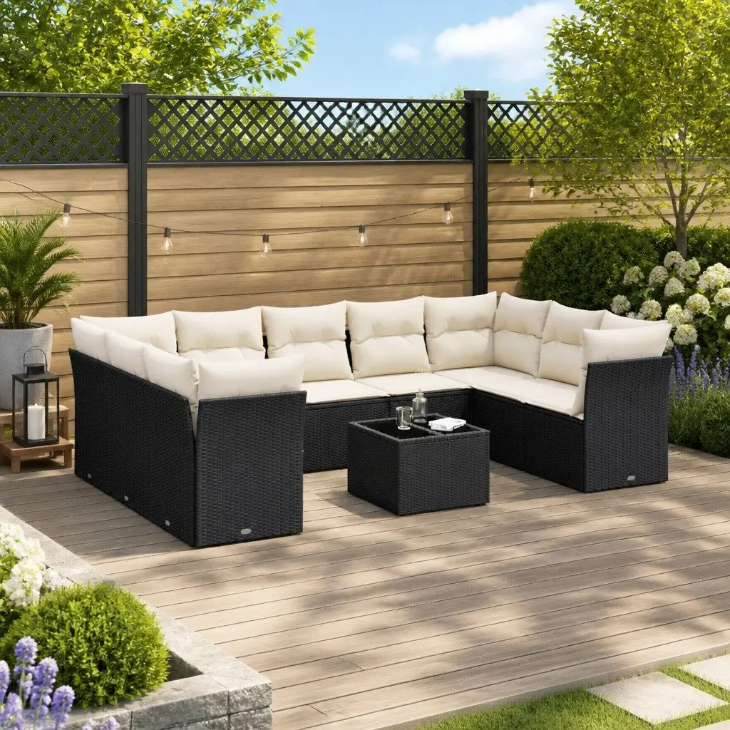 Garden Sofa Set Modular Outdoor Furniture 10 Piece Black Poly Rattan with Cushions