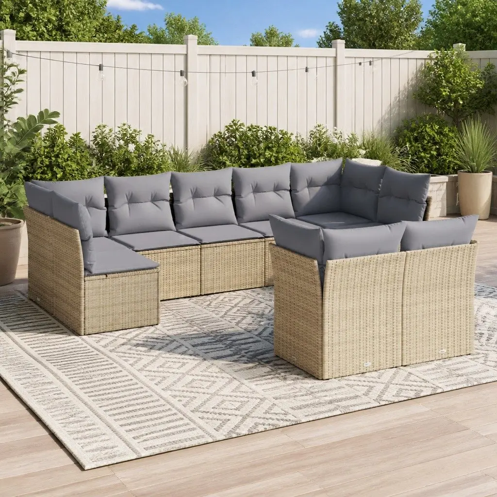 Garden Sofa Set 9 Piece Outdoor Furniture Beige Poly Rattan Cushions