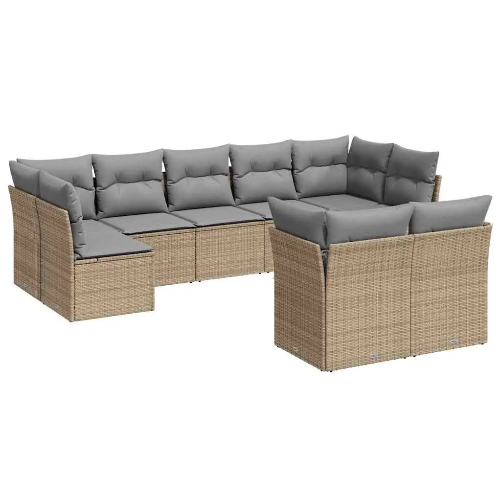 Garden Sofa Set 9 Piece Outdoor Furniture Beige Poly Rattan Cushions