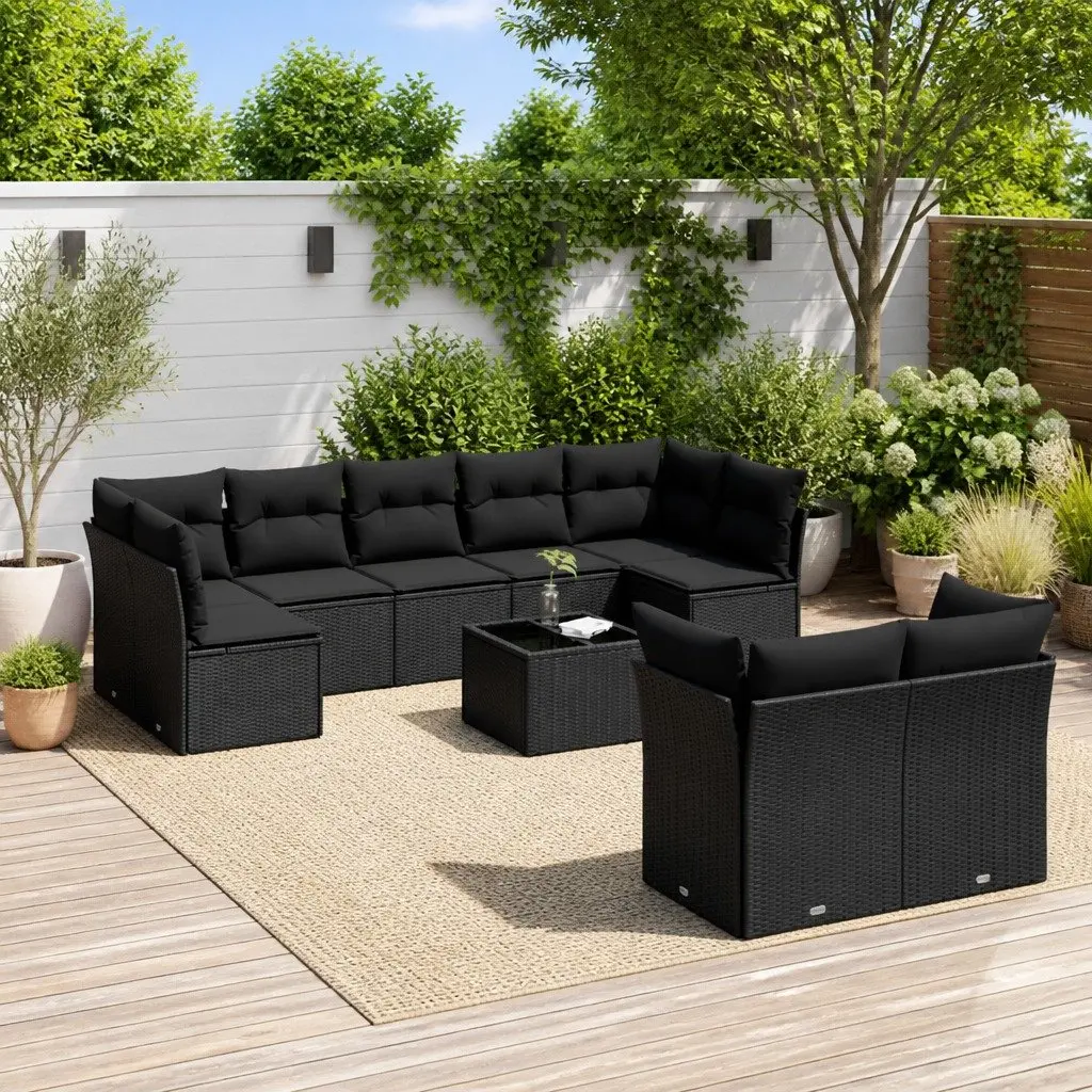 Garden Sofa Set 10 Piece Outdoor Furniture Black Poly Rattan Patio Seating with