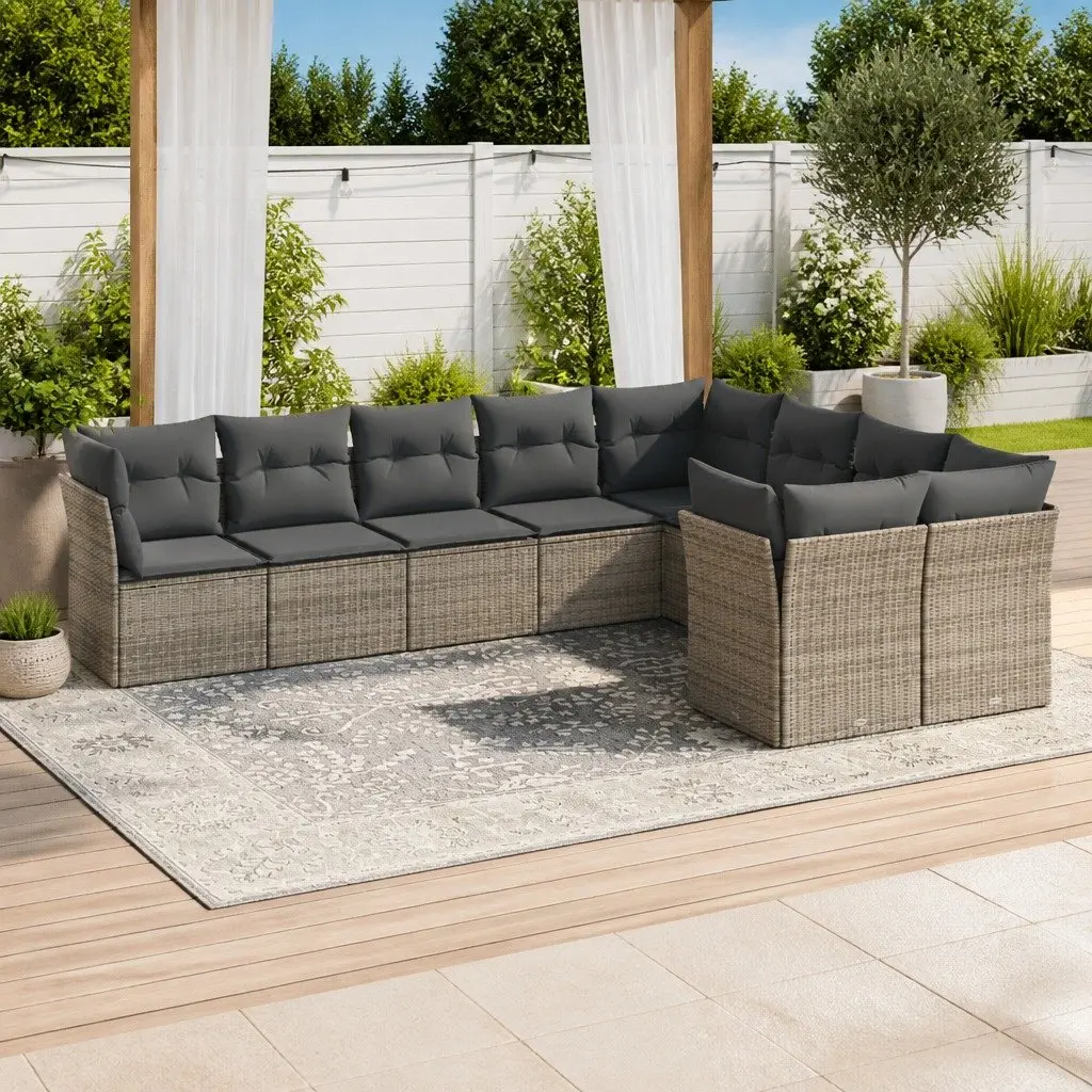 Outdoor Garden Sofa Set 9 Piece Grey Poly Rattan Patio Furniture Cushions