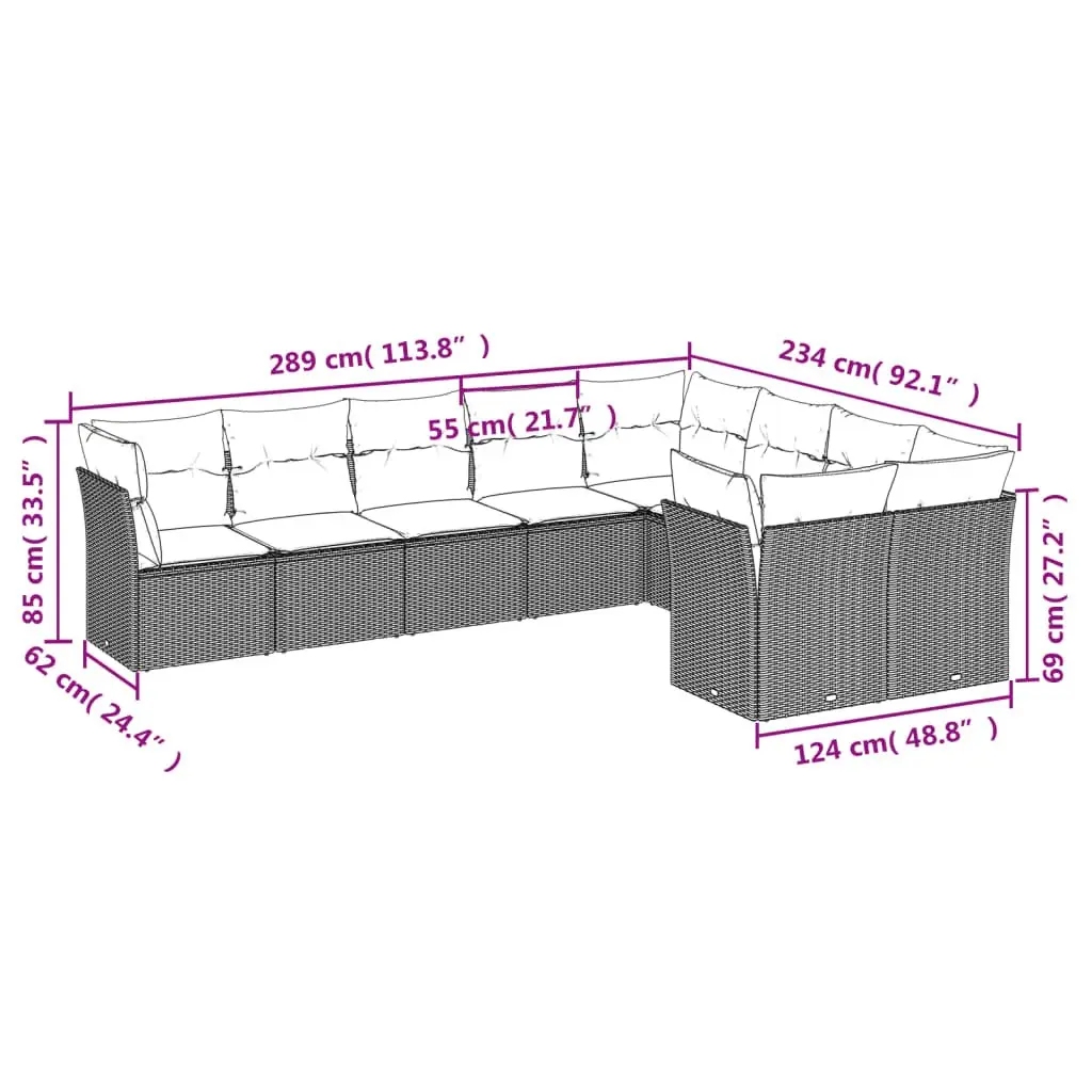 Outdoor Garden Sofa Set 9 Piece Grey Poly Rattan Patio Furniture Cushions