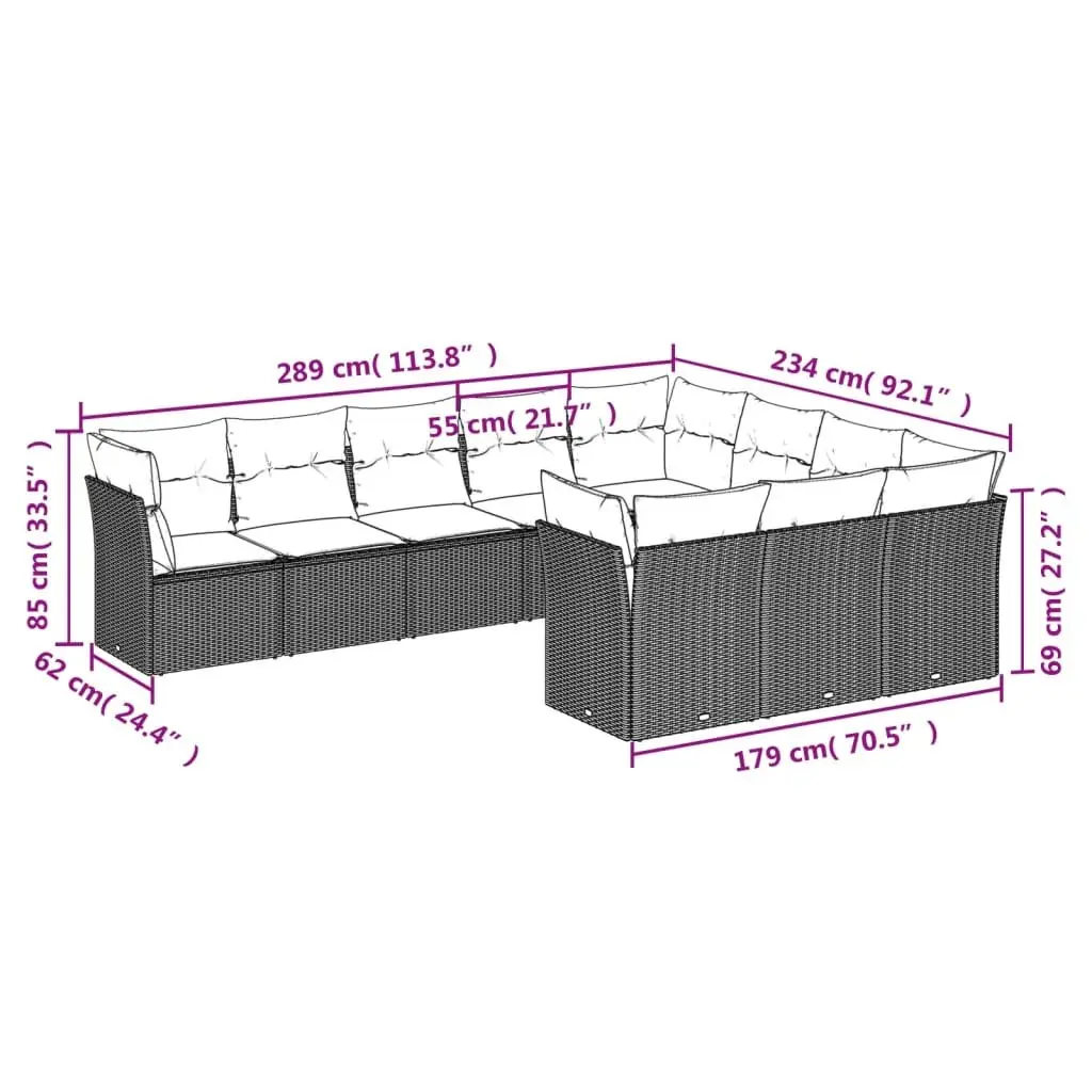 10 Piece Modular Outdoor Garden Sofa Set Grey Cushions Rattan