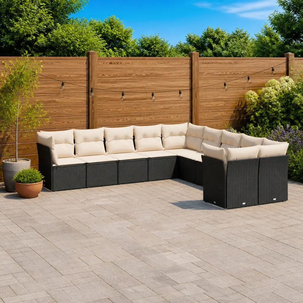 Garden Sofa Set 10 Piece Outdoor Furniture Cushions Black Poly Rattan