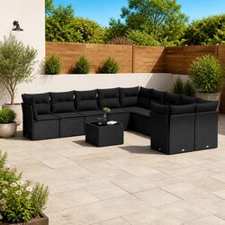 Comfortable 11-Piece Black Poly Rattan Sofa Set