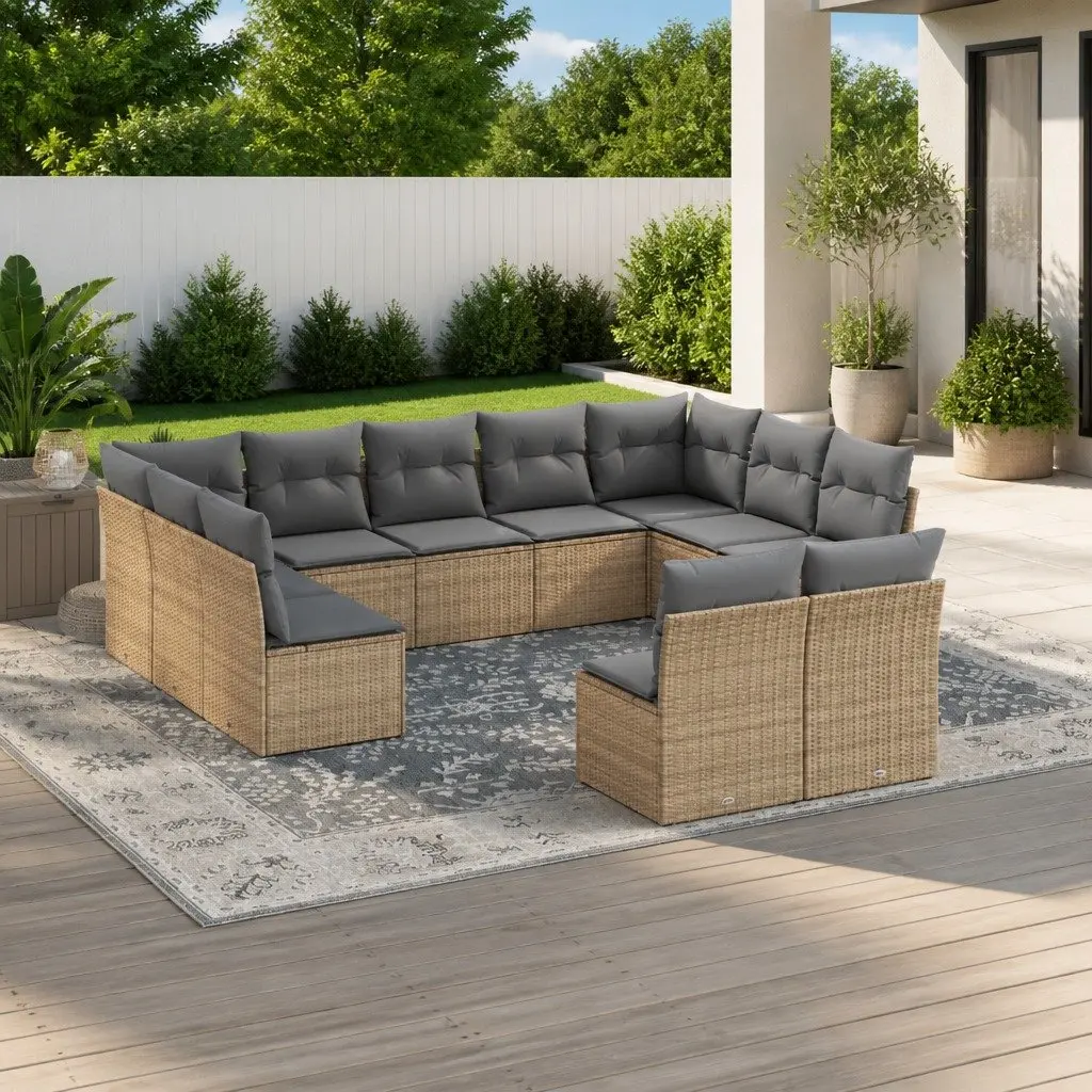 Garden Sofa Set 11 Piece Outdoor Furniture Beige Rattan Cushions Patio Seating