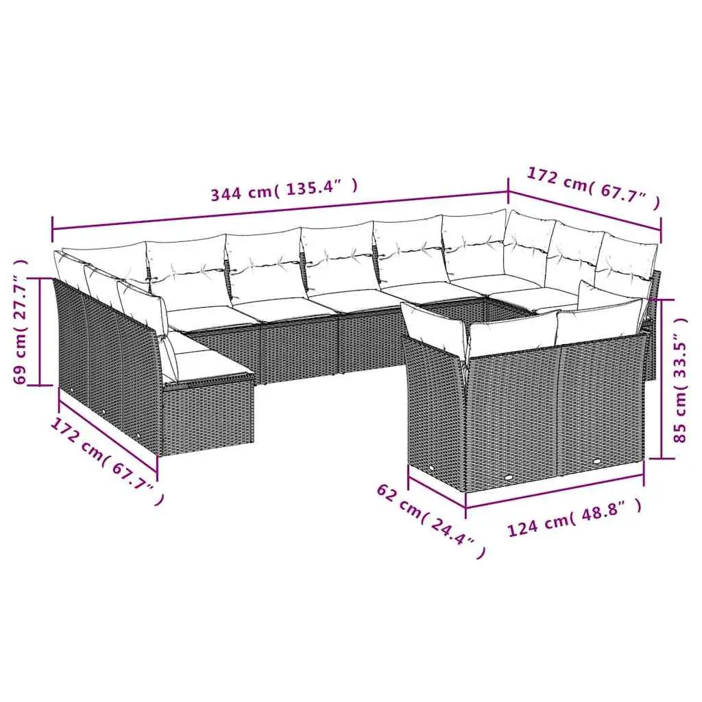 Garden Sofa Set 12 Piece Outdoor Furniture Black Poly Rattan with Cushions