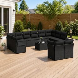 Outdoor Garden Sofa Set 13 Piece Black Poly Rattan Patio Furniture with Cushions