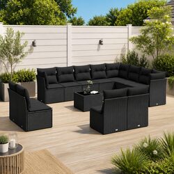 Garden Sofa Set 13 Piece Outdoor Patio Furniture Black Poly Rattan with Cushions