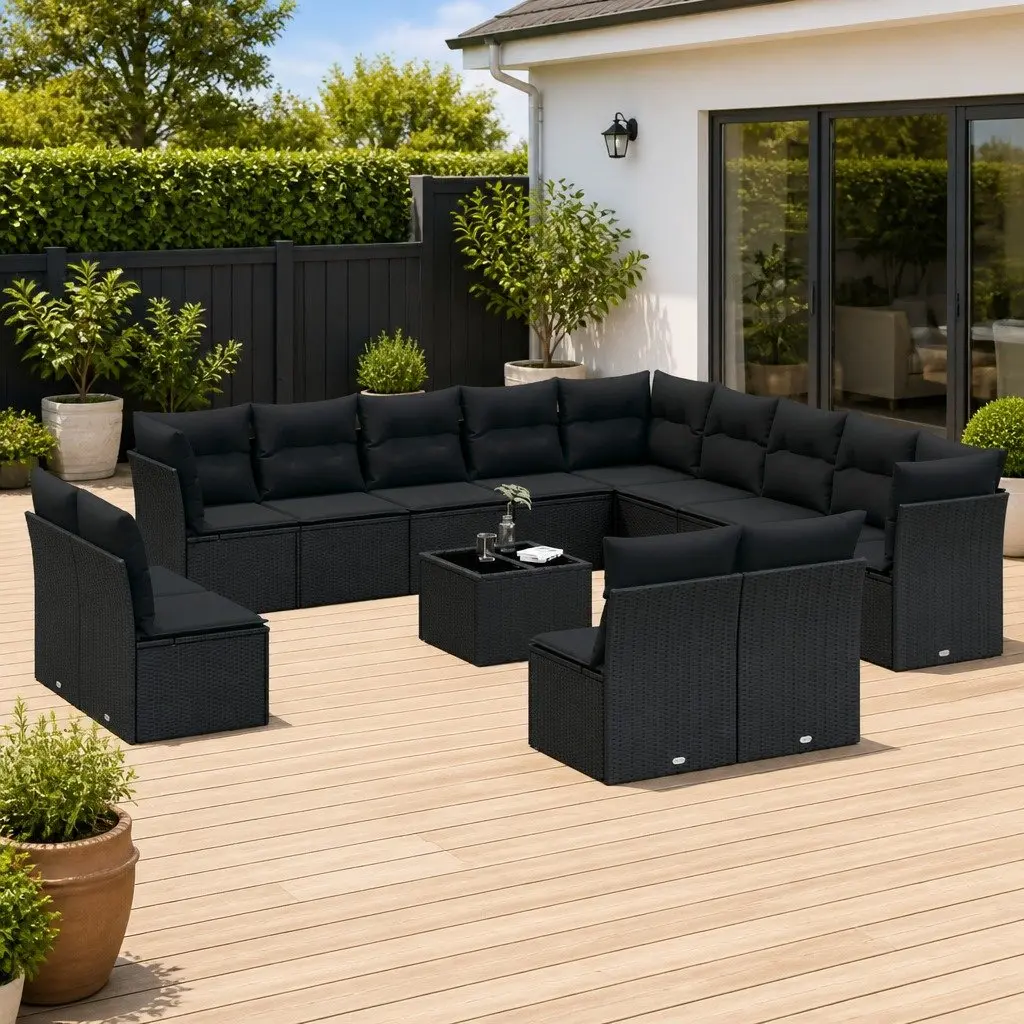 Outdoor Garden Sofa Set 14 Piece Black PE Rattan Patio Furniture with Cushions