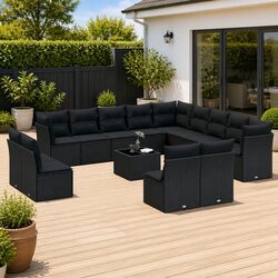 Comfortable 14-Piece Black Rattan Patio Sofa Set