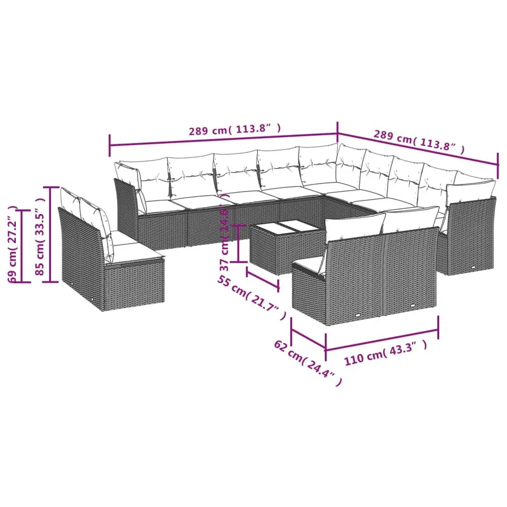 Outdoor Garden Sofa Set 14 Piece Black PE Rattan Patio Furniture with Cushions