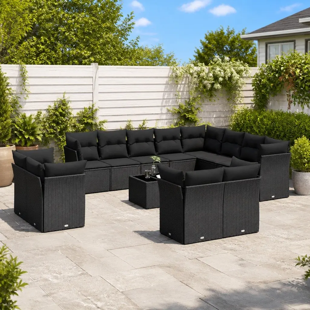 Outdoor Furniture Sofa Set Black Poly Rattan 13 Piece with Cushions for Garden Patio