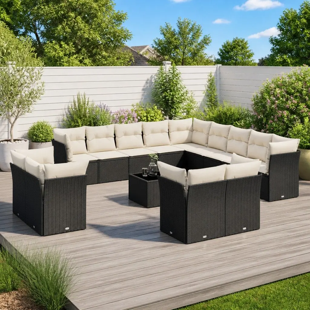 Garden Sofa Set 14 Piece Outdoor Furniture Black Poly Rattan Patio Seating