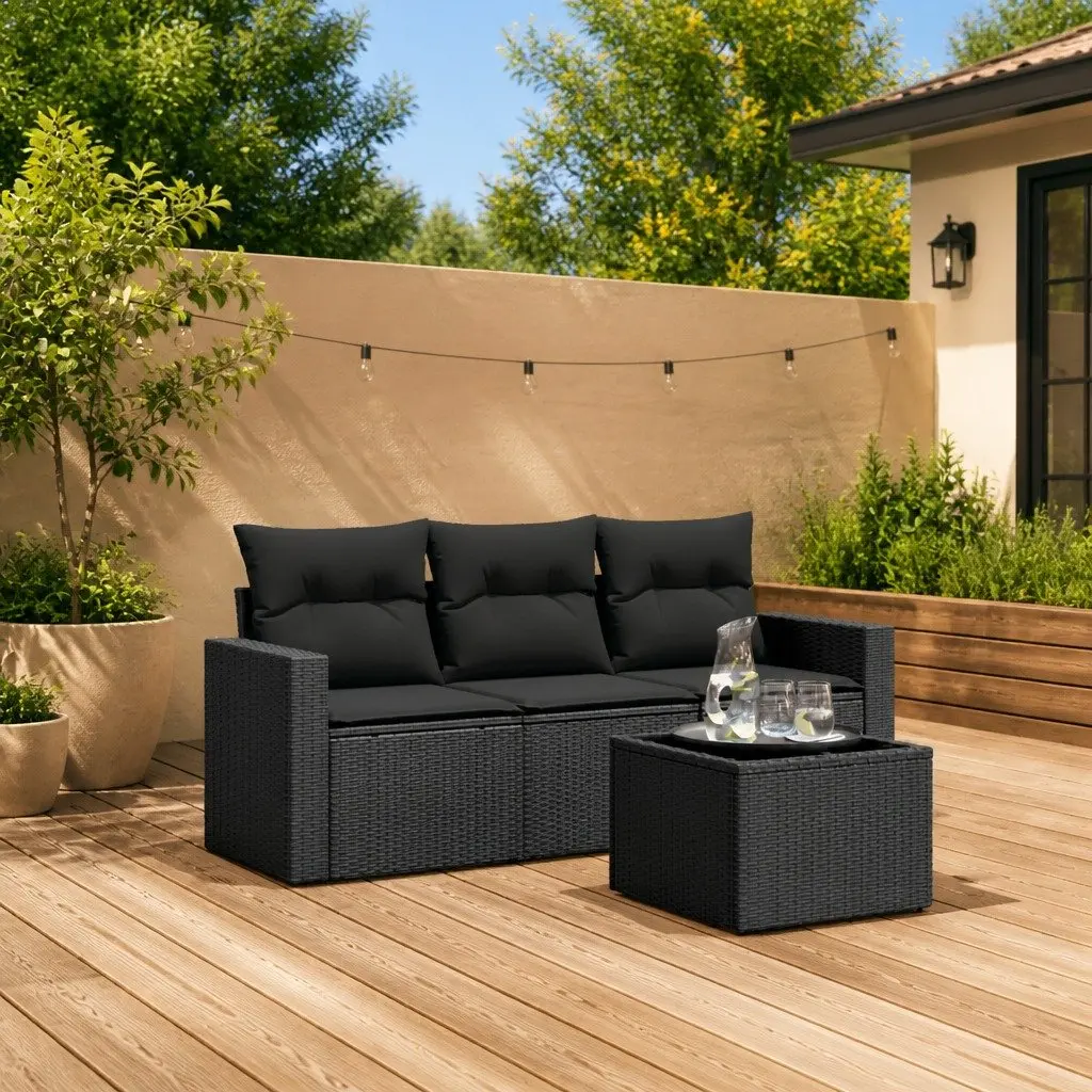 Garden Sofa Set 4 Piece Outdoor Furniture Black Poly Rattan with Cushions Patio