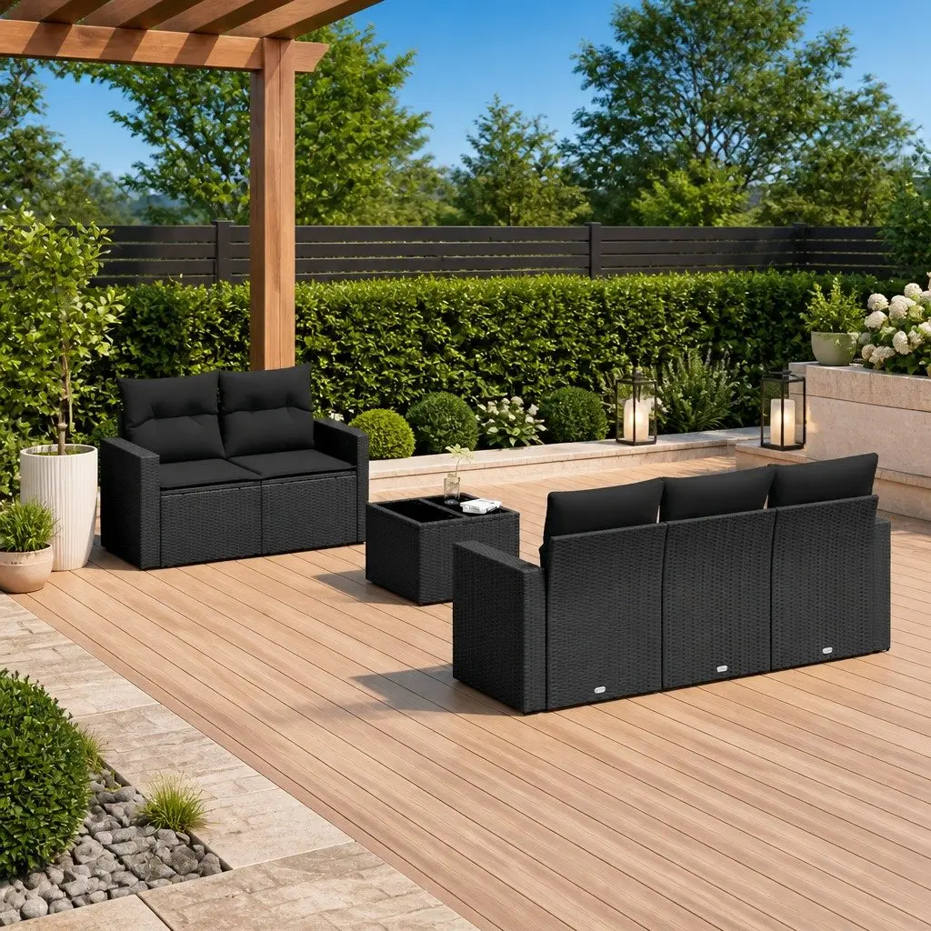 Garden Sofa Set Modular Outdoor Furniture 6 Piece Black Poly Rattan Patio Lounge