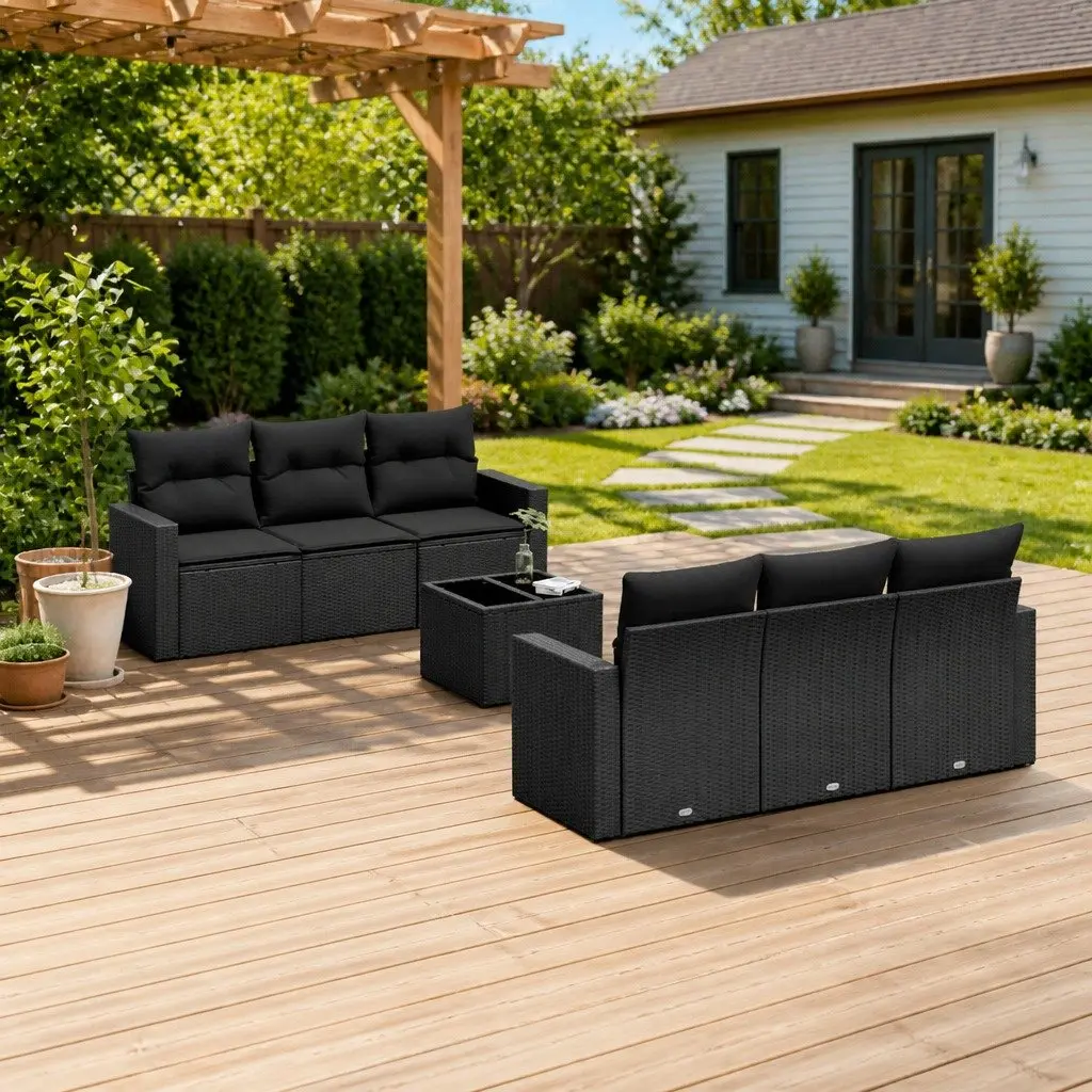 7 Piece Outdoor Garden Sofa Set Cushions Black Rattan