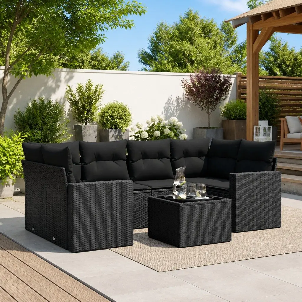 7 Piece Garden Sofa Set Outdoor Furniture Patio Lounge Black Poly Rattan