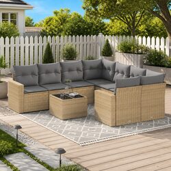 Garden Sofa Set 9 Piece Outdoor Patio Furniture Beige Rattan Cushions Glass